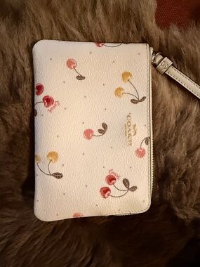 Coach White Wristlet with Pink and Yellow Cherry Print